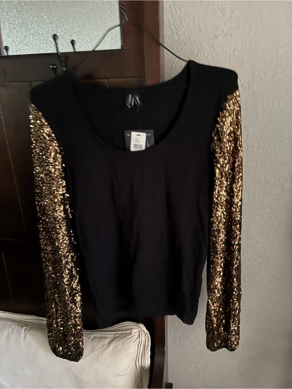 NWT! BLNK Women's Black Top with Gold Sequin Sleeves